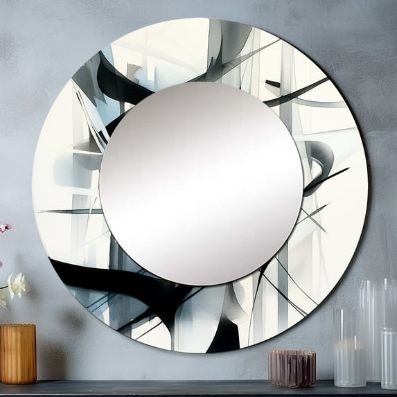 Designart "Neutral Abstract Expression XII" Modern Geometric Rund Mirror For Wall Decor - Large Black Round Printed Mirror - Modern Round Mirror 29" x 29" Inch