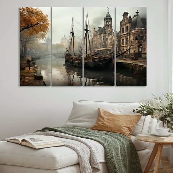 Designart "Neutral Antique Waterway Hue" Canals Metal Art Print Set