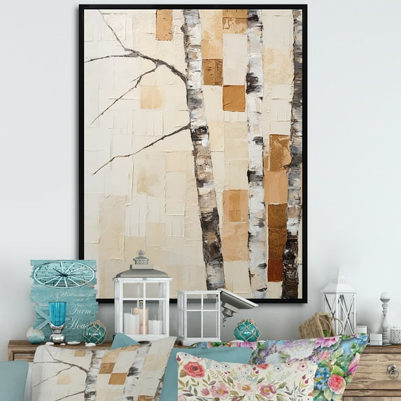 Designart "Neutral Birch Simplicity II" Tree Birch Floater Framed Wall Decor
