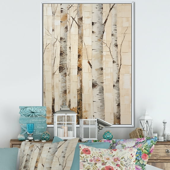 Designart "Neutral Birch Simplicity V" Tree Birch Floater Framed Wall Art Living Room
