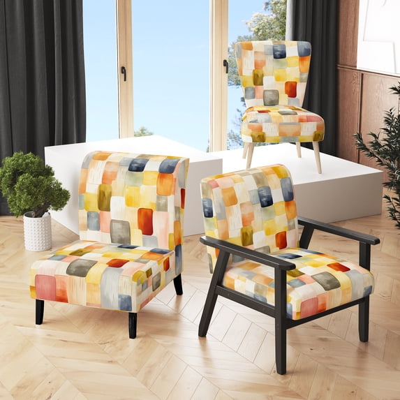 Designart "Neutral Colors Strip Cubes Pattern" Upholstered Modern & Contemporary Accent Chair and Modern Midcentury Arm Chair - Multiple Color & Pattern