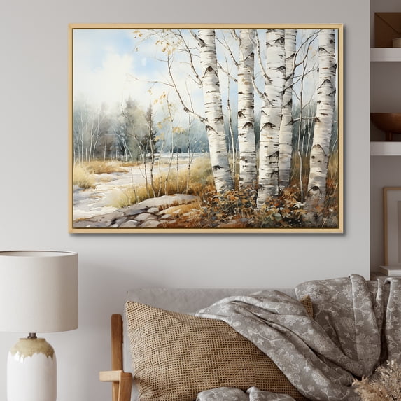 Designart "Neutral Toned Birch Grace I" Tree Birch Floater Framed Canvas Wall Art
