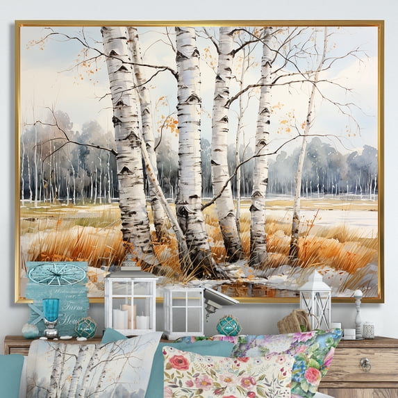 Designart "Neutral Toned Birch Grace III" Tree Birch Floater Framed Wall Decor