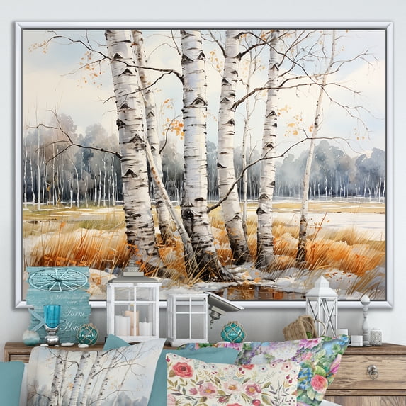 Designart "Neutral Toned Birch Grace III" Tree Birch Floater Framed Wall Decor