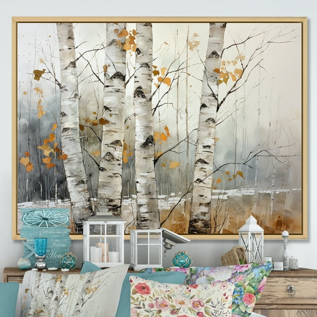Designart "Neutral Toned Birch Grace" Tree Birch Floater Framed Wall Art Living Room