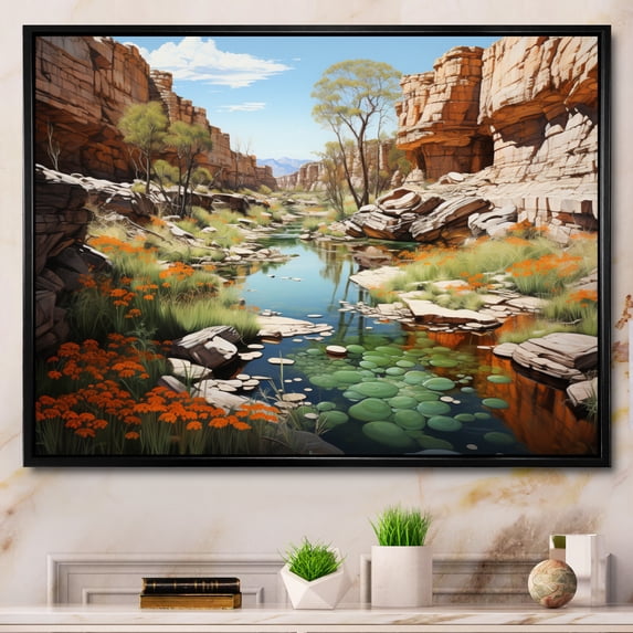 Designart "Neutral Verdant Canyon Abyss" Landscapes Floater Framed Canvas Print