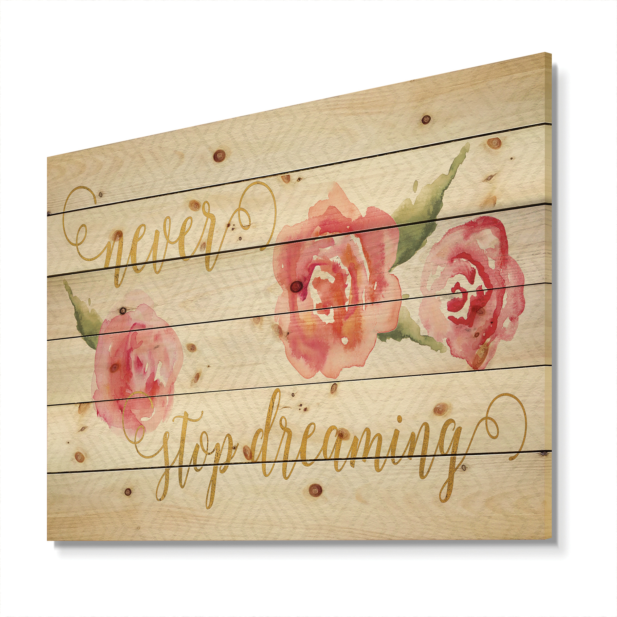 Designart 'Never Stop Dreaming Gold' Shabby Chic Print on Natural Pine Wood
