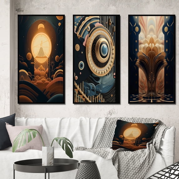Designart "New Time Awareness Minimalism at Dawn I" Modern Geometric Framed Wall Art Set Of 3 - Yellow Abstract Frame Gallery Set For Office Decor