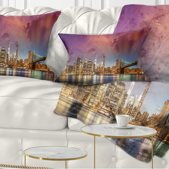 Designart New York City Manhattan Skyline Red - Cityscape Photo Throw Pillow - 12x20