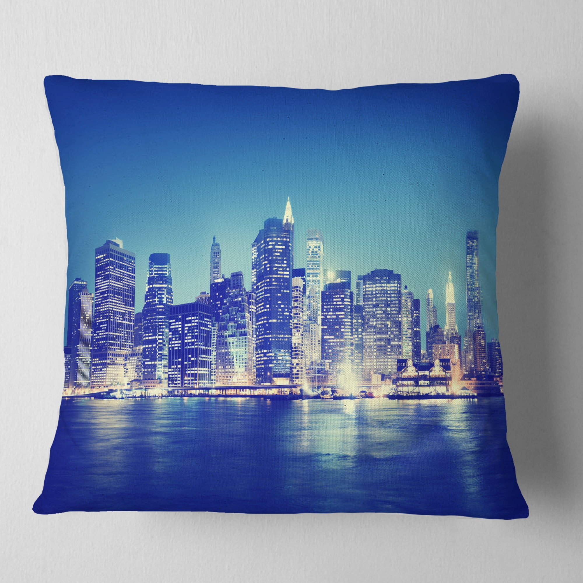 Designart New York City Night Panorama - Throw Pillow - 16x16