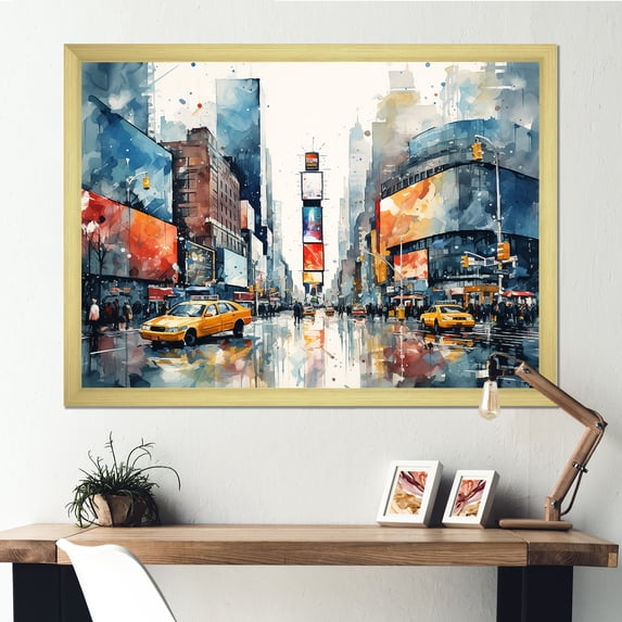 Designart "New York Cityscape Times Square III" Cityscapes Framed Wall Art Decor - Industrial Orange New York Living Room Framed Canvas Art