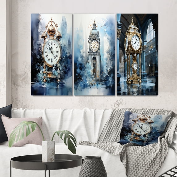 Designart "New York Grand Central composition II" City New York Wall Art Set Of 3 - Gold New York Canvas Set For Living Room Decor