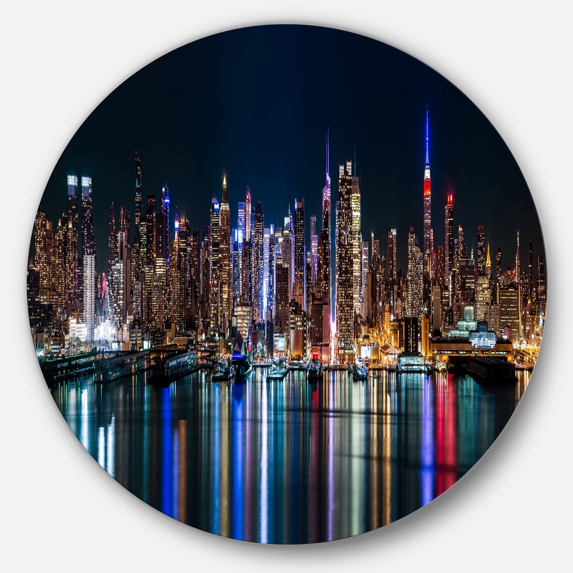 Designart New York Midtown Night Panorama' Extra Large Metal Circle Wall Art