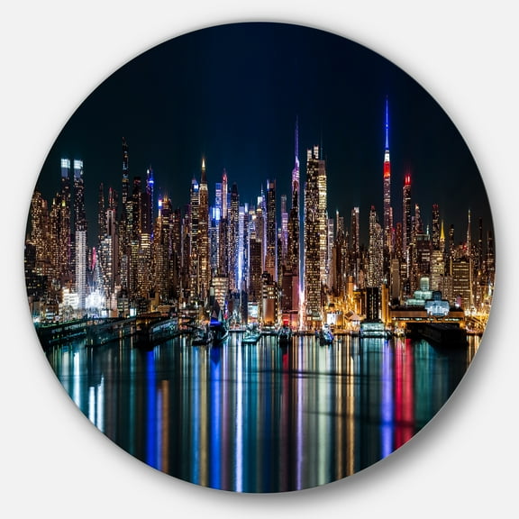 Designart New York Midtown Night Panorama' Extra Large Metal Circle Wall Art