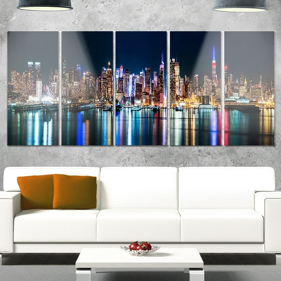 Designart 'New York Midtown Night Panorama ' Multipanel Extra Large Metal Wall Art