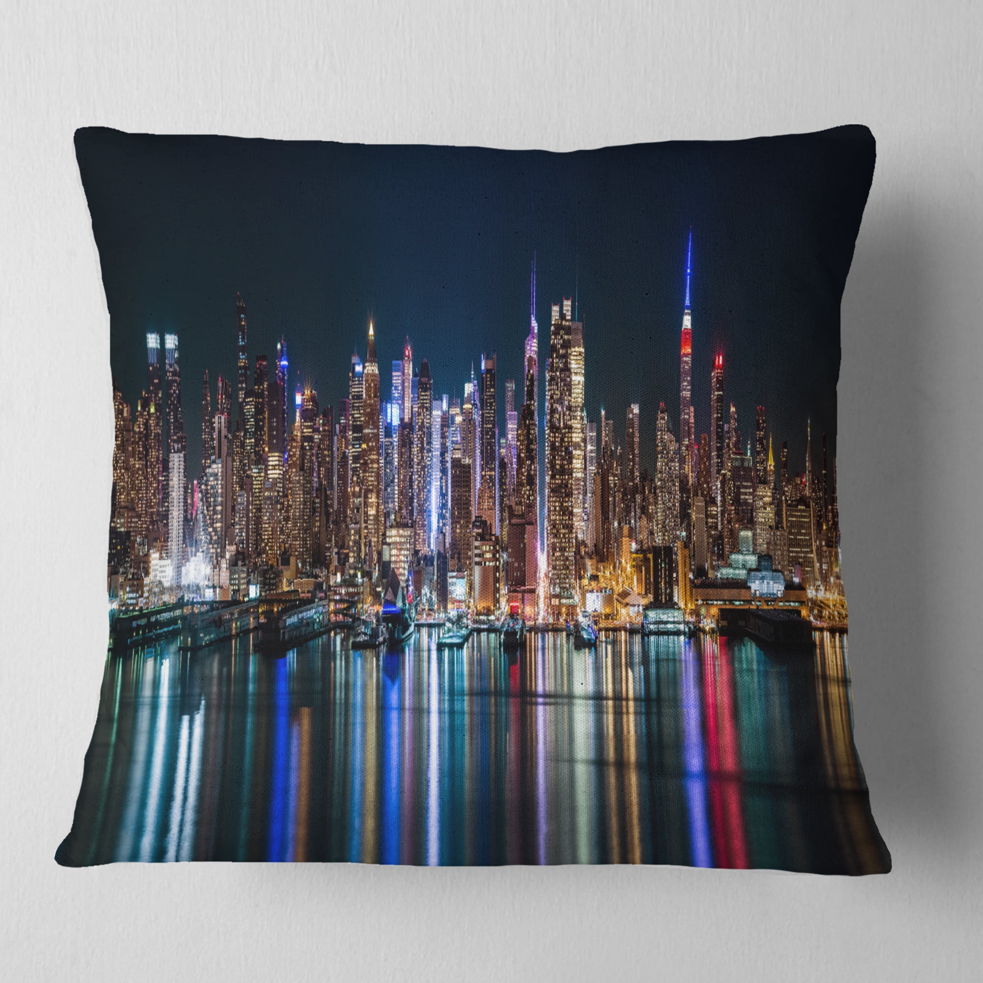 Designart New York Midtown Night Panorama - Throw Pillow - 16x16