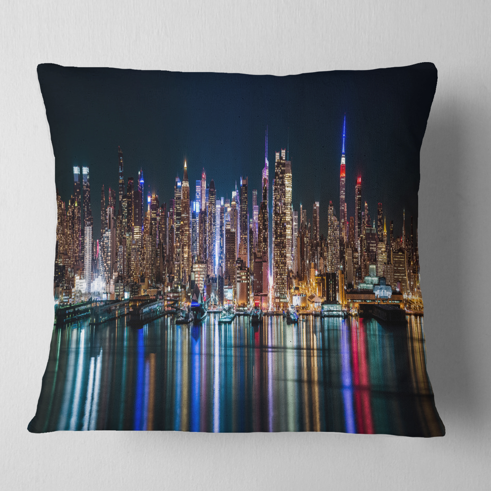 Designart New York Midtown Night Panorama - Throw Pillow - 18x18