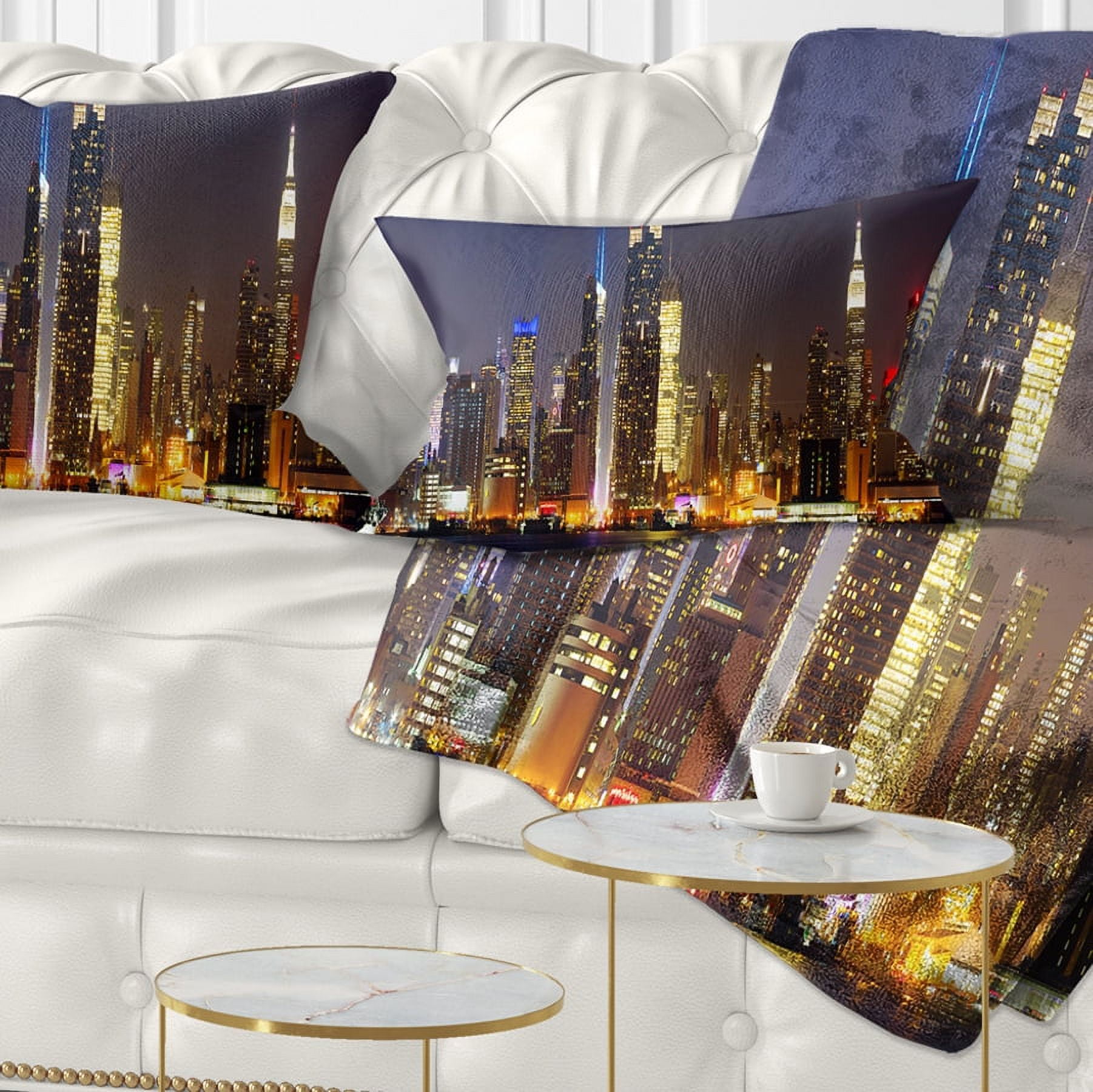 Designart New York Skyline at Night - Cityscape Photo Throw Pillow - 12x20