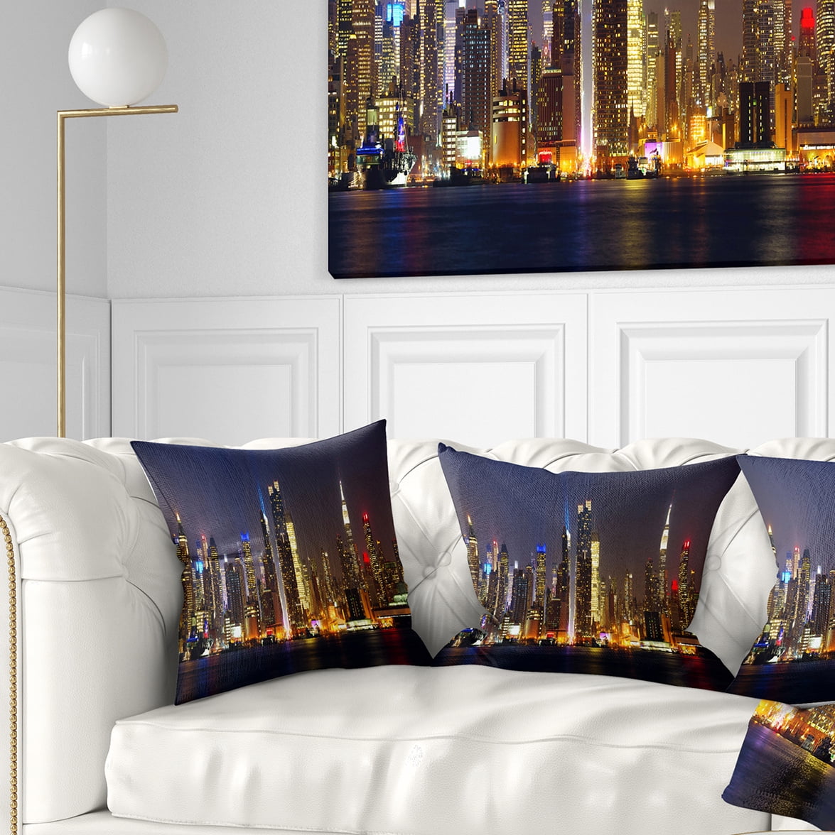 Designart New York Skyline at Night - Cityscape Photo Throw Pillow - 16x16