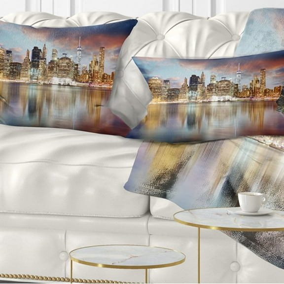 Designart New York Skyline at Sunrise with Reflection. - Cityscape Throw Pillow - 12x20