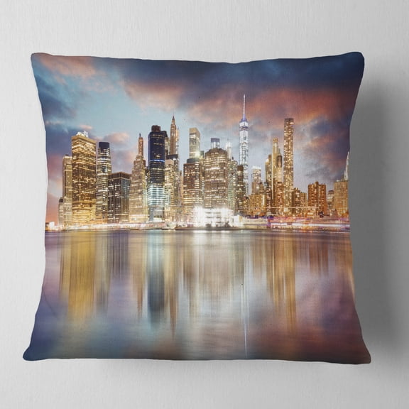 Designart New York Skyline at Sunrise with Reflection. - Cityscape Throw Pillow - 16x16