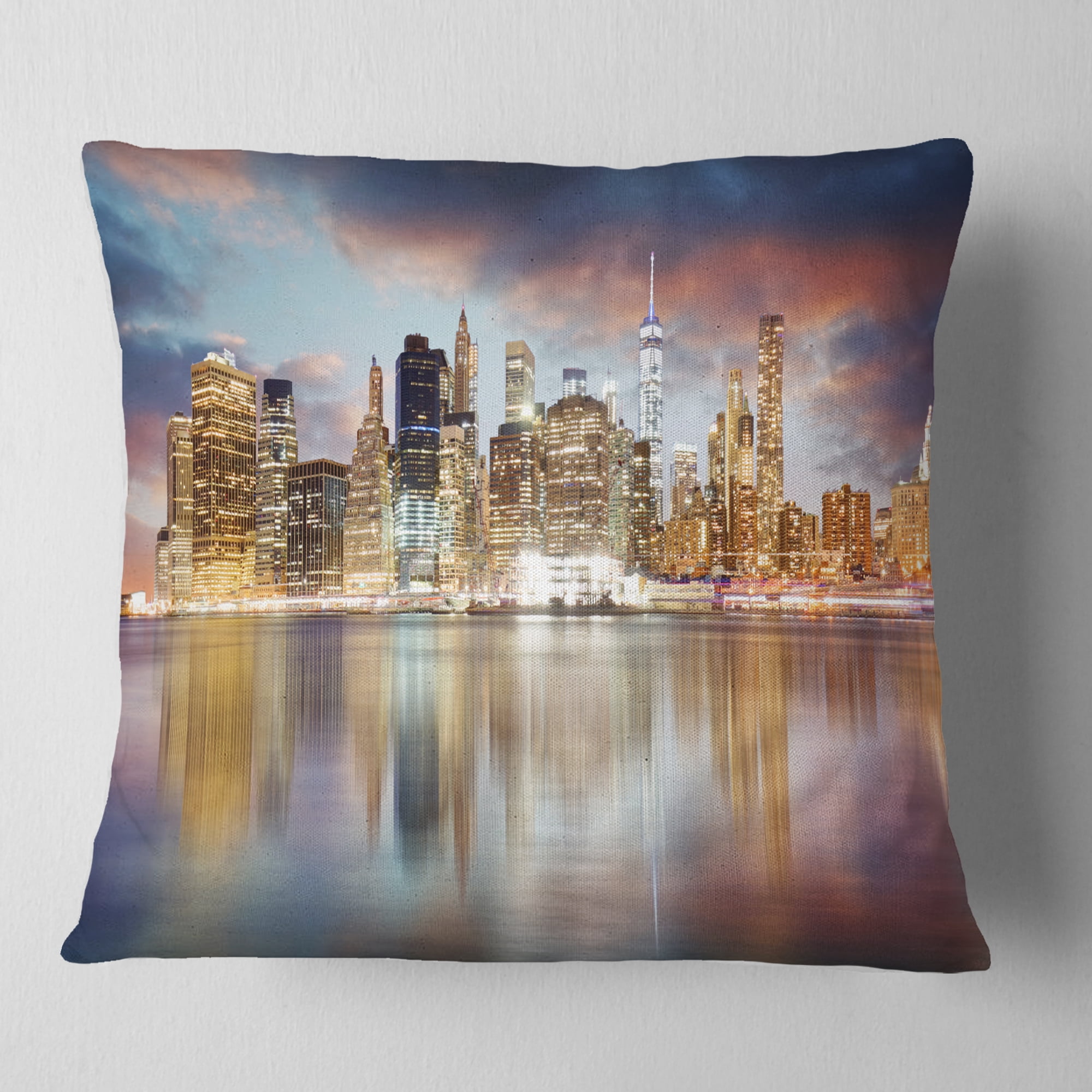 Designart New York Skyline at Sunrise with Reflection. - Cityscape Throw Pillow - 18x18