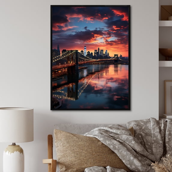 Designart "New York at Night A Colorful Photo I" Cityscapes Floater Framed Wall Art Living Room