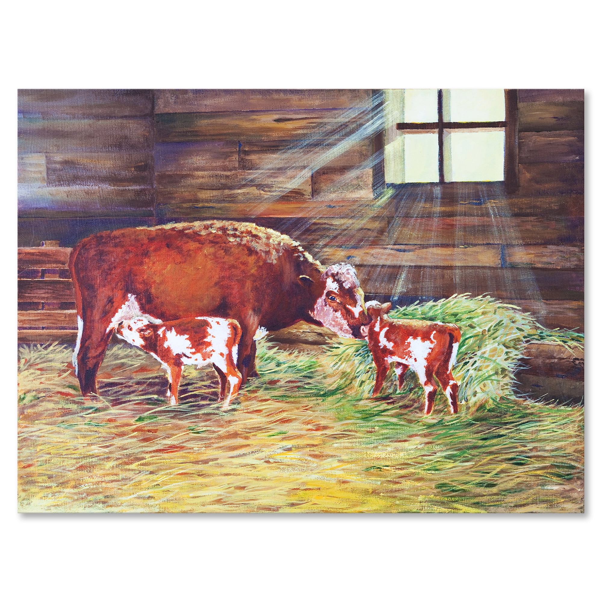 Designart ' Newborn Twin Calves With Cow At The Farm ' Farmhouse Canvas Wall Art Print