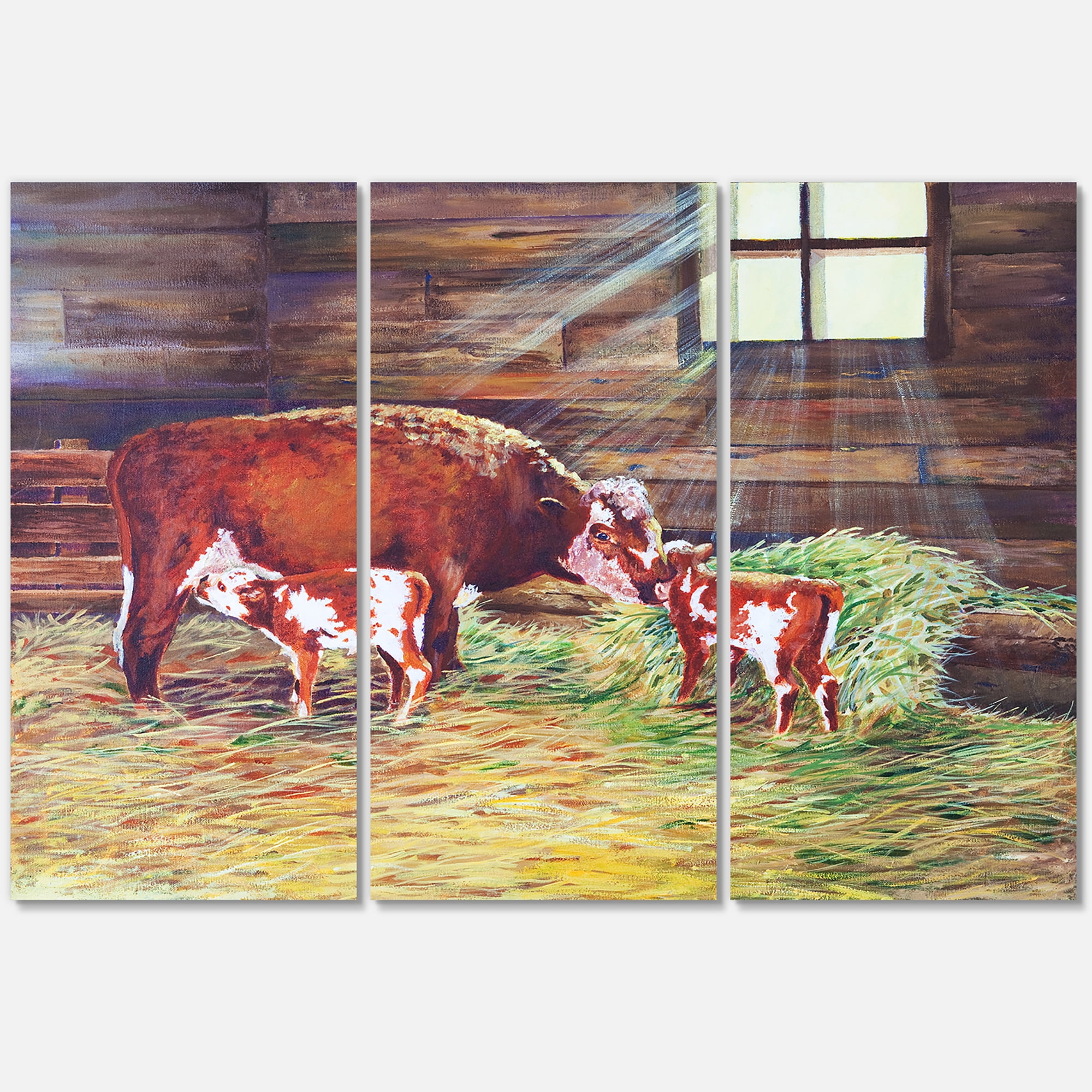 Designart ' Newborn Twin Calves With Cow At The Farm ' Farmhouse Canvas Wall Art Print