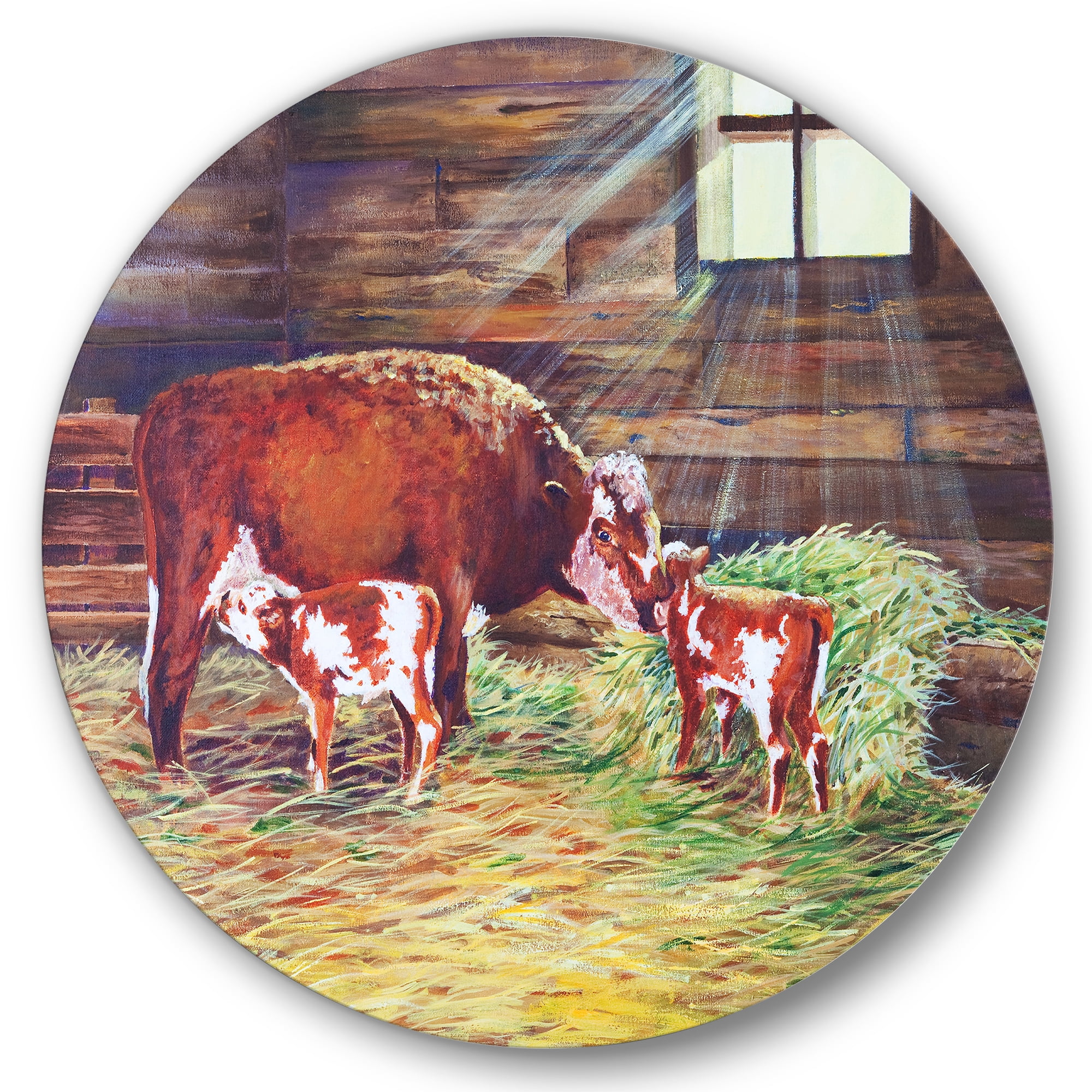Designart 'Newborn Twin Calves With Cow At The Farm' Farmhouse Circle Metal Wall Art 11x11 - Disc of 11