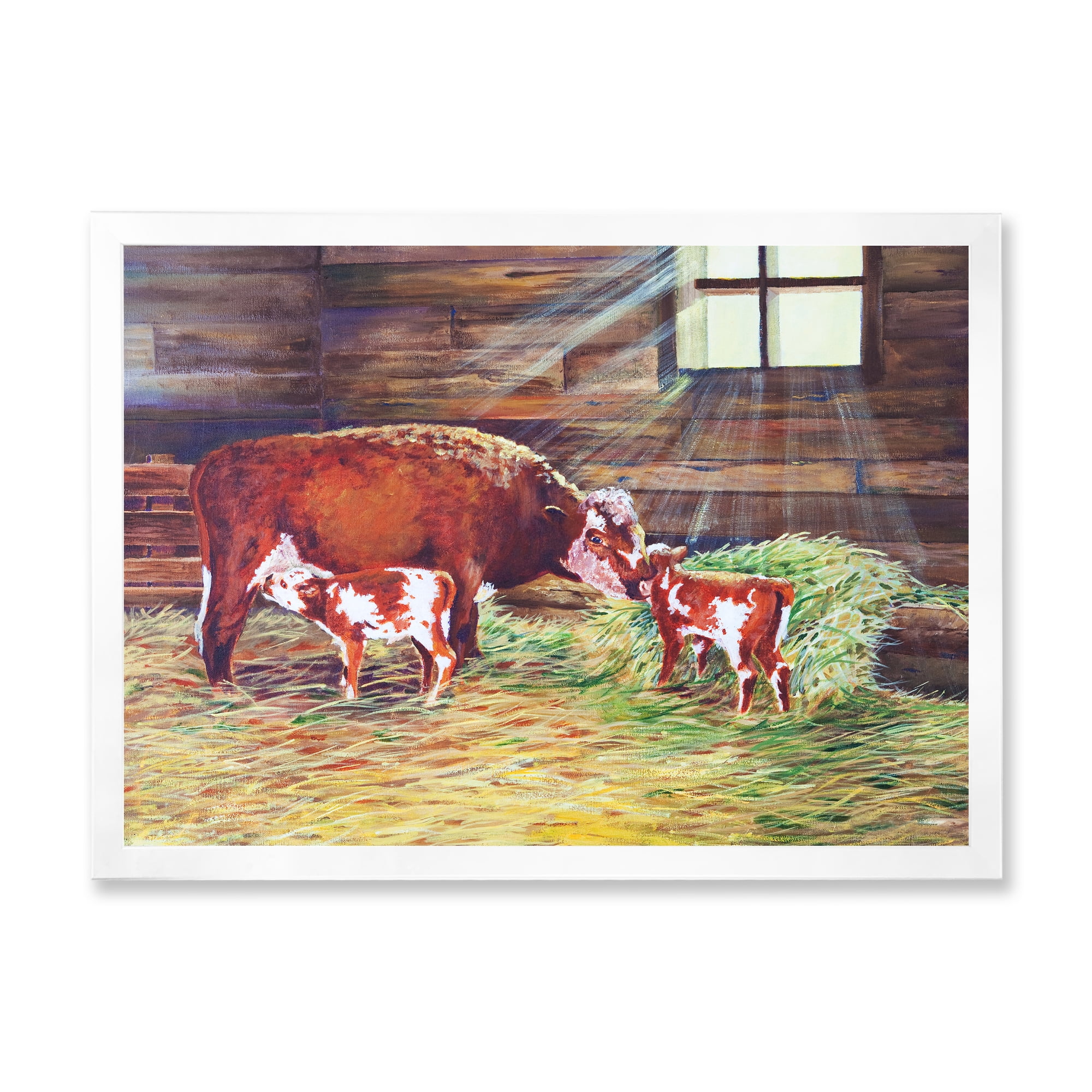 Designart 'Newborn Twin Calves With Cow At The Farm' Farmhouse Framed Art Print