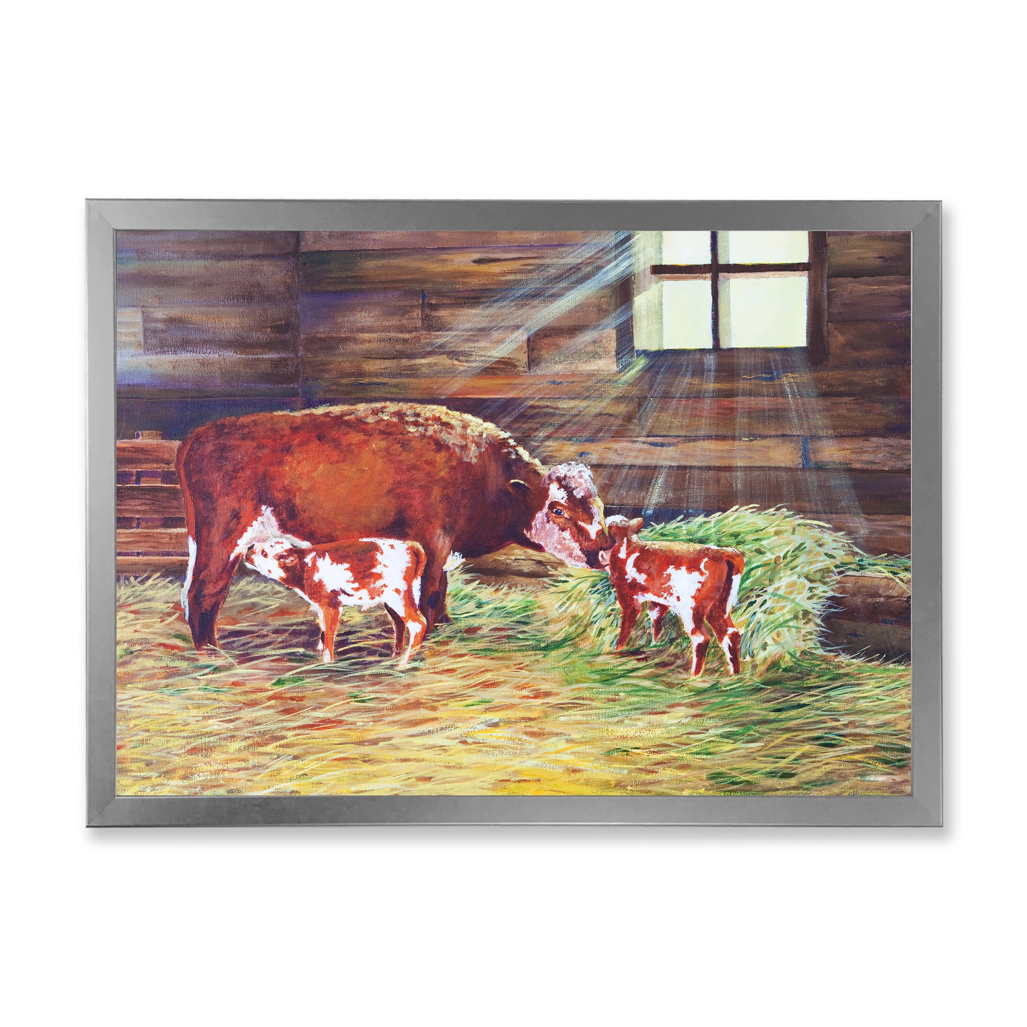 Designart 'Newborn Twin Calves With Cow At The Farm' Farmhouse Framed Art Print