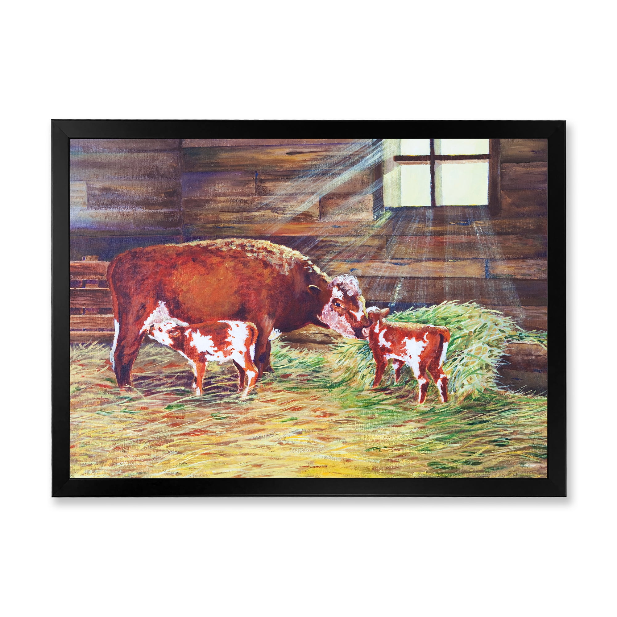 Designart 'Newborn Twin Calves With Cow At The Farm' Farmhouse Framed Art Print