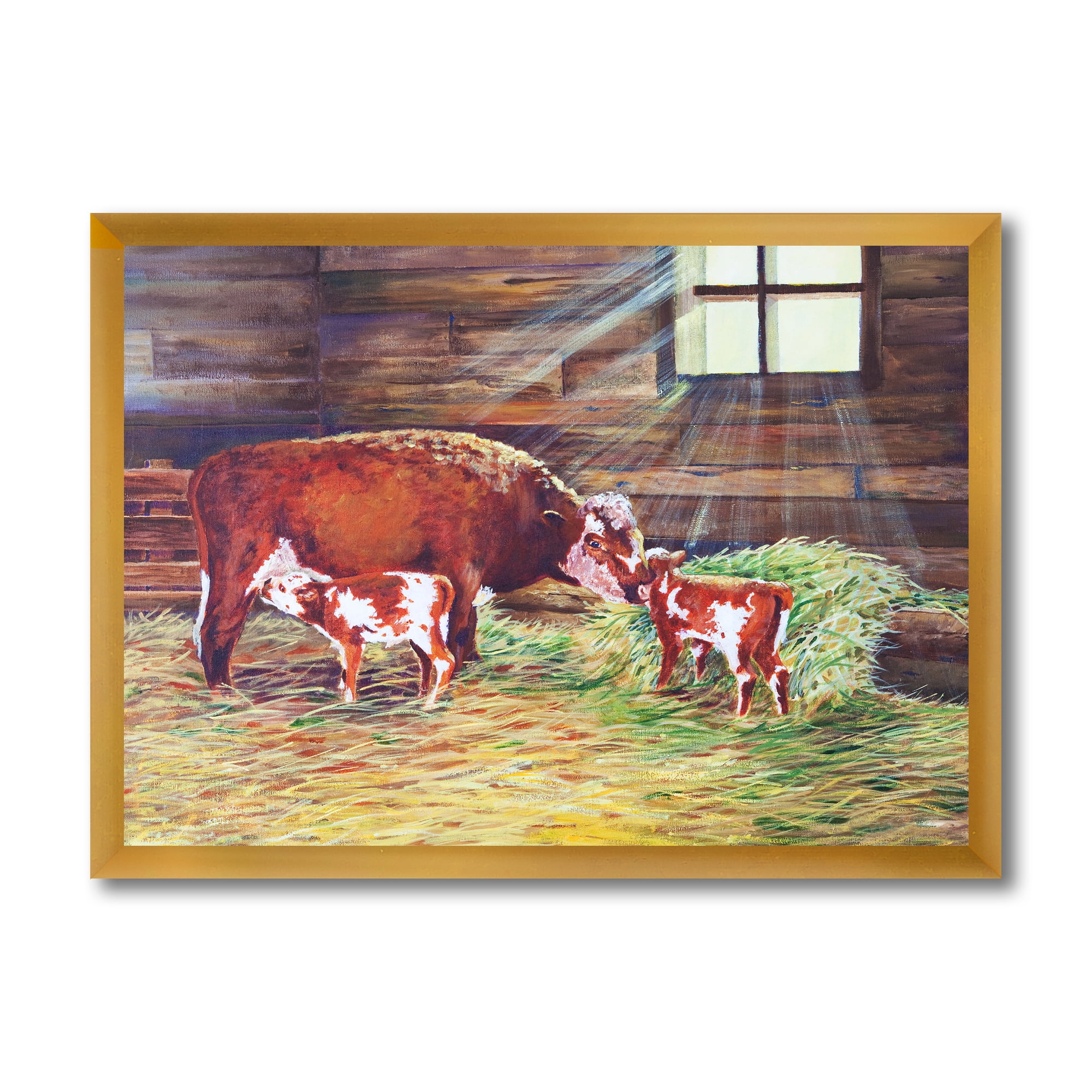 Designart 'Newborn Twin Calves With Cow At The Farm' Farmhouse Framed Art Print