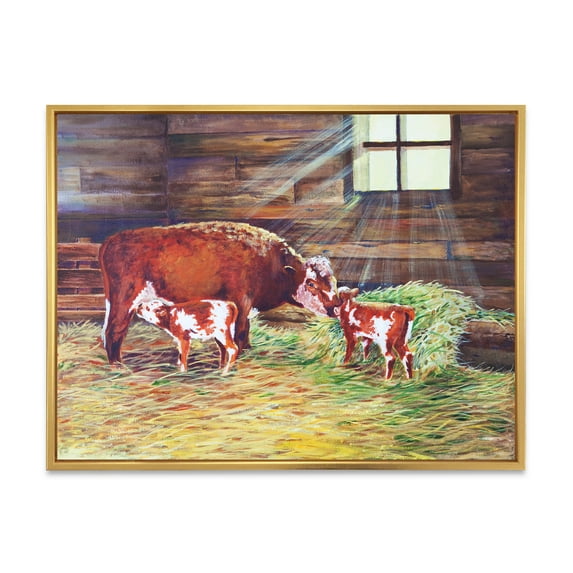 Designart 'Newborn Twin Calves With Cow At The Farm' Farmhouse Framed Canvas Wall Art Print