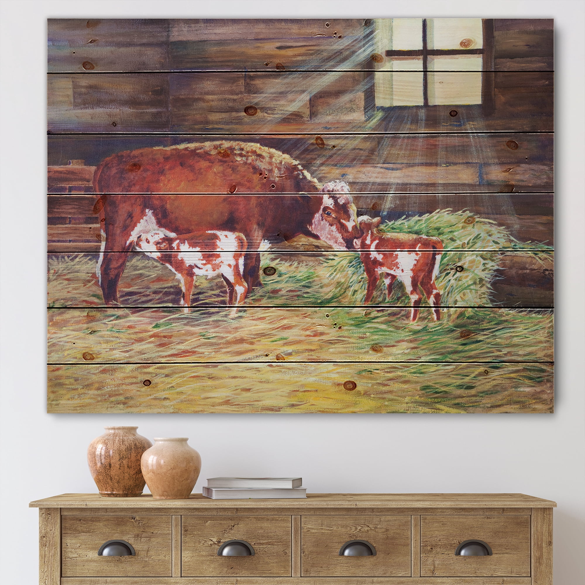 Designart 'Newborn Twin Calves With Cow At The Farm' Farmhouse Print on Natural Pine Wood