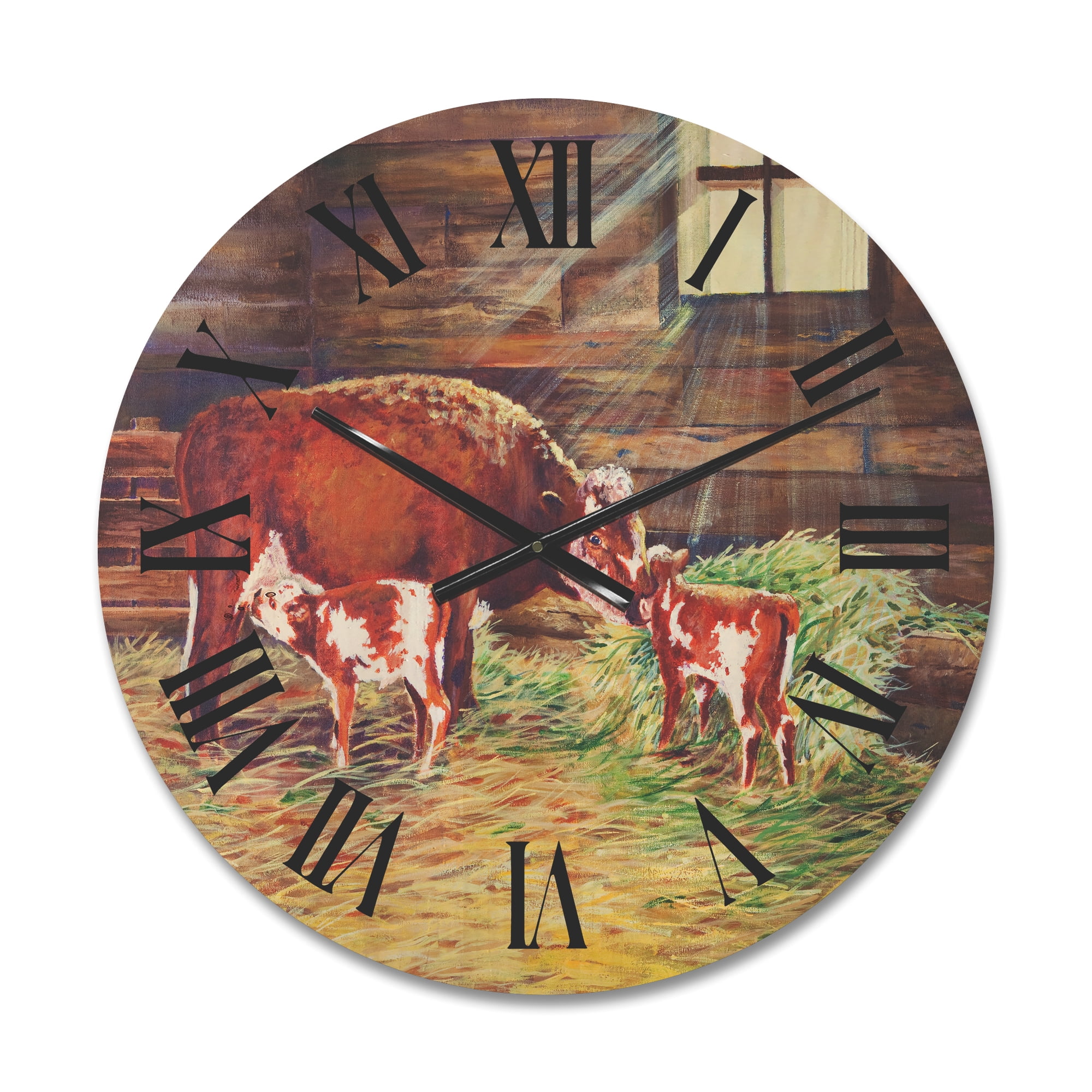 Designart 'Newborn Twin Calves With Cow At The Farm' Farmhouse Wood Wall Clock