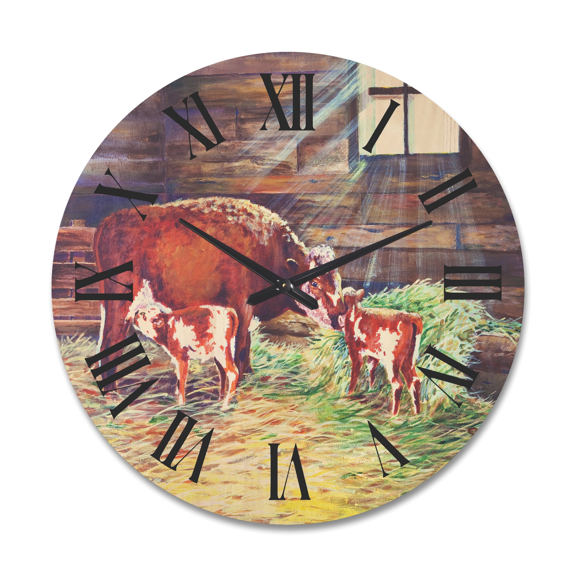 Designart 'Newborn Twin Calves With Cow At The Farm' Farmhouse Wood Wall Clock