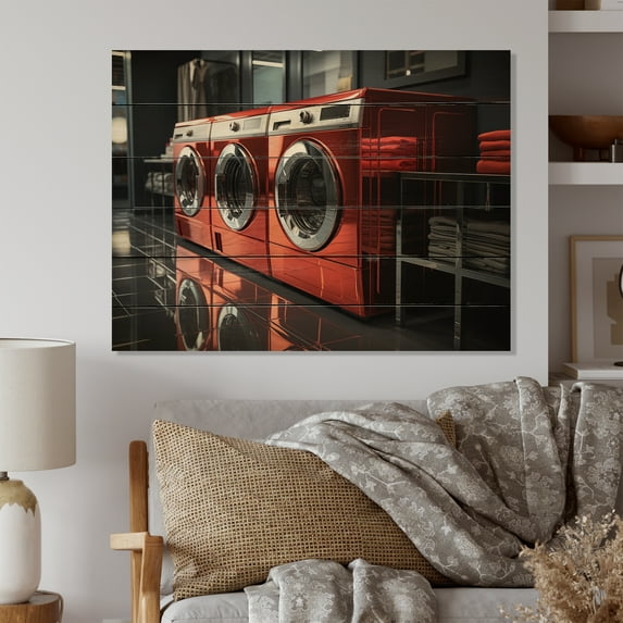 Designart "Next Century Laundry Futuristic Space II" Bath & Laundry Print on Natural Pine Wood