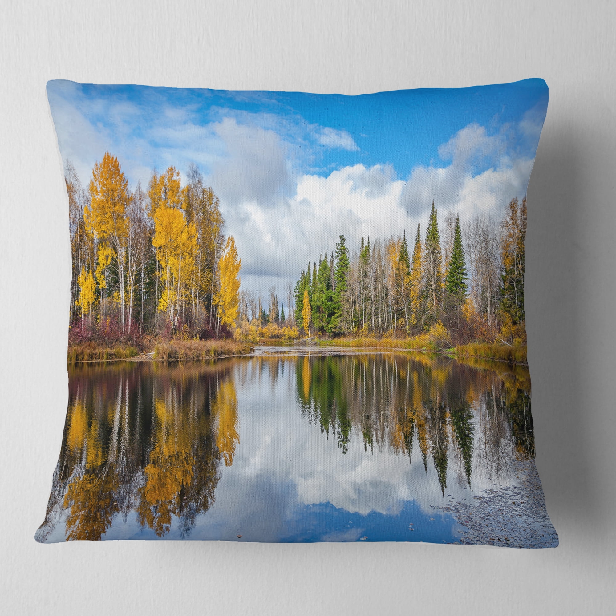 Designart Nice Autumn Trees With Forest Lake - Landscape Printed Throw Pillow - 16x16
