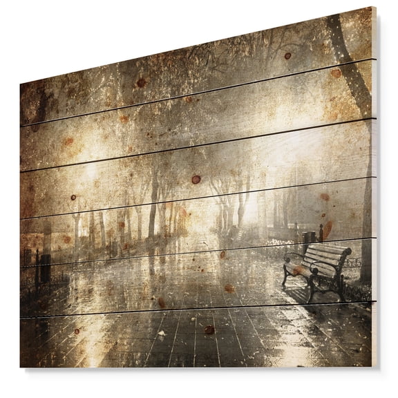 Designart 'Night Alley with Lights ' Landscape Print on Natural Pine Wood