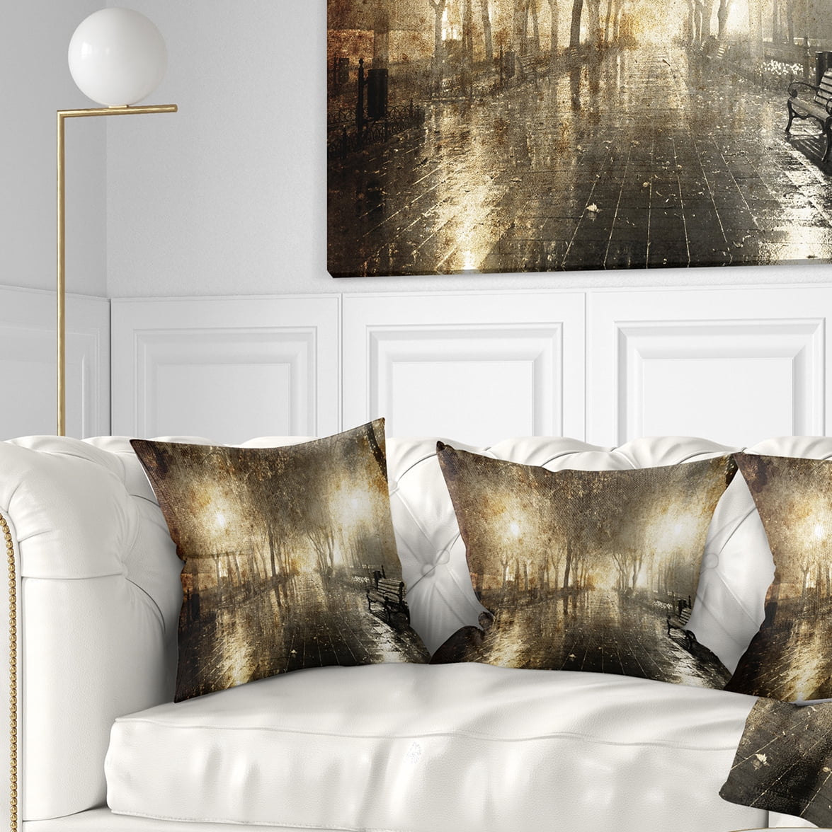Designart Night Alley with Lights - Photography Landscape Printed Throw Pillow - 18x18