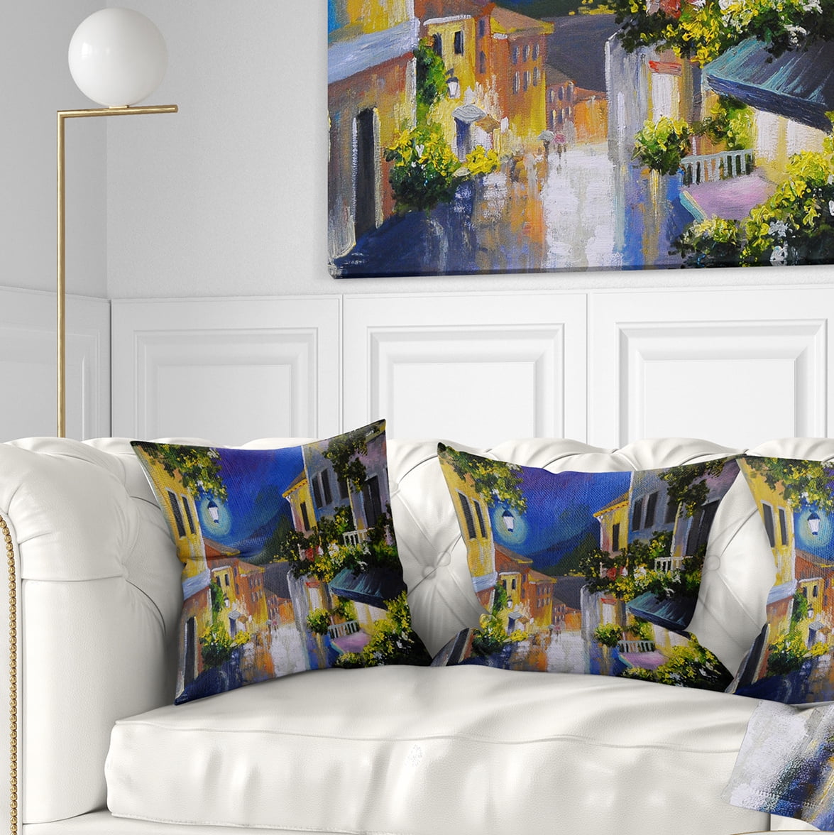 Designart Night City near Sea - Landscape Printed Throw Pillow - 18x18