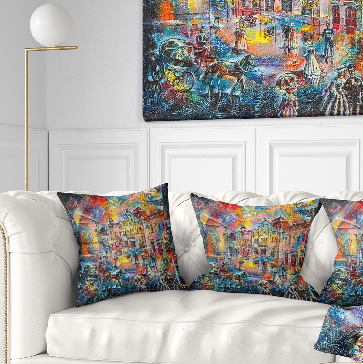 Designart Night City with People - Cityscape Throw Pillow - 18x18