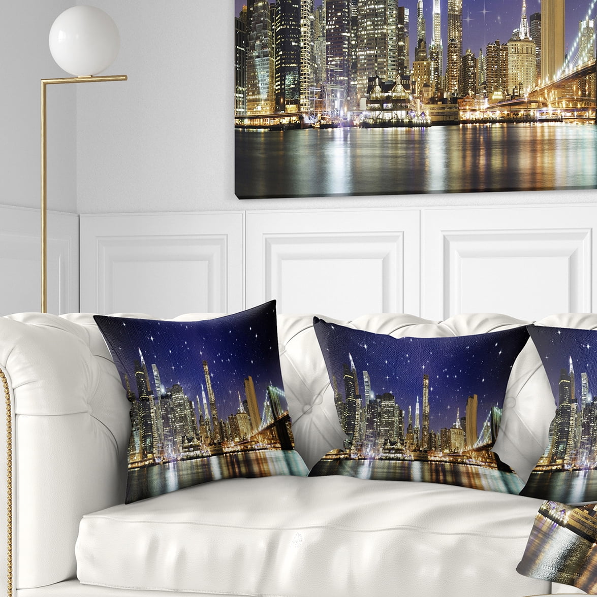 Designart Night Colors over Brooklyn Bridge - Cityscape Photo Throw Pillow - 16x16