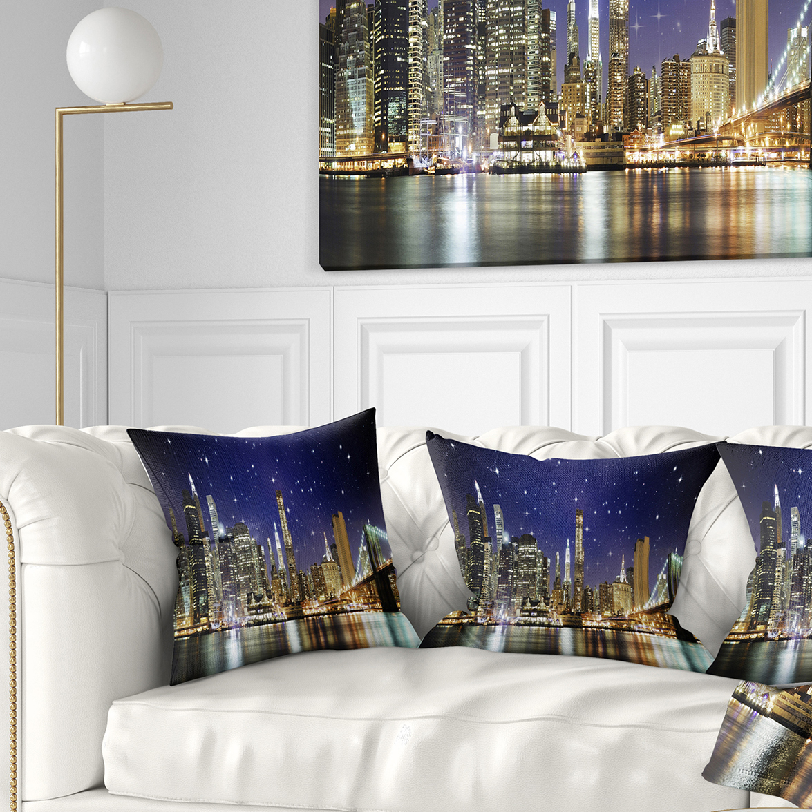Designart Night Colors over Brooklyn Bridge - Cityscape Photo Throw Pillow - 18x18