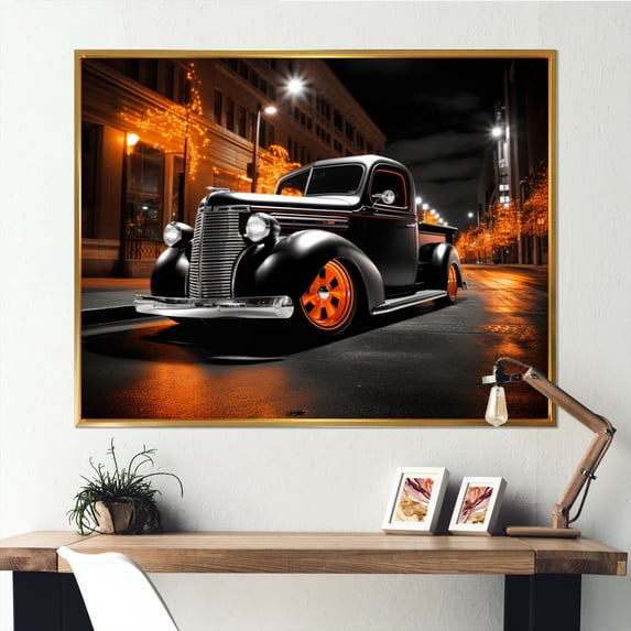 Designart "Night Drifters Black and Orange Pickup Truck" Transportation Floater Framed Wall Art Living Room