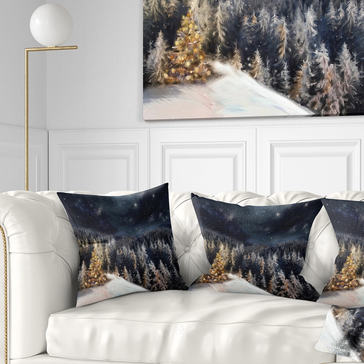 Designart Night Forest Christmas Tree - Landscape Printed Throw Pillow - 16x16