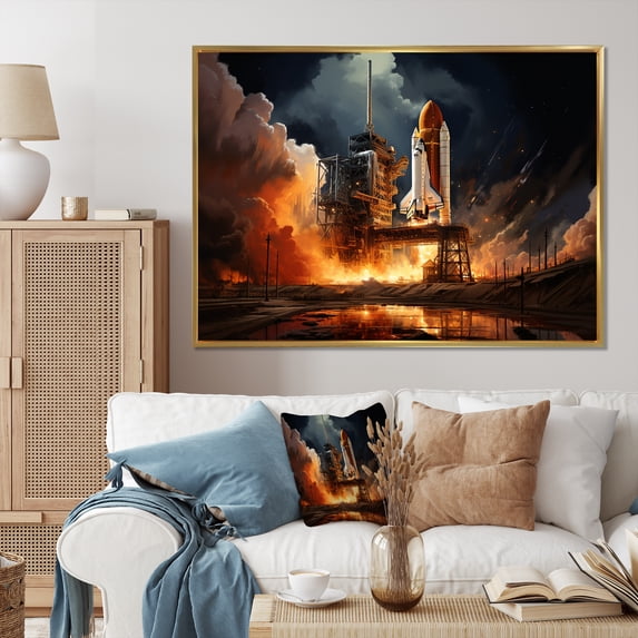 Designart "Night Launch Space Shuttle III" Space Shuttle Floater Framed Wall Art Print