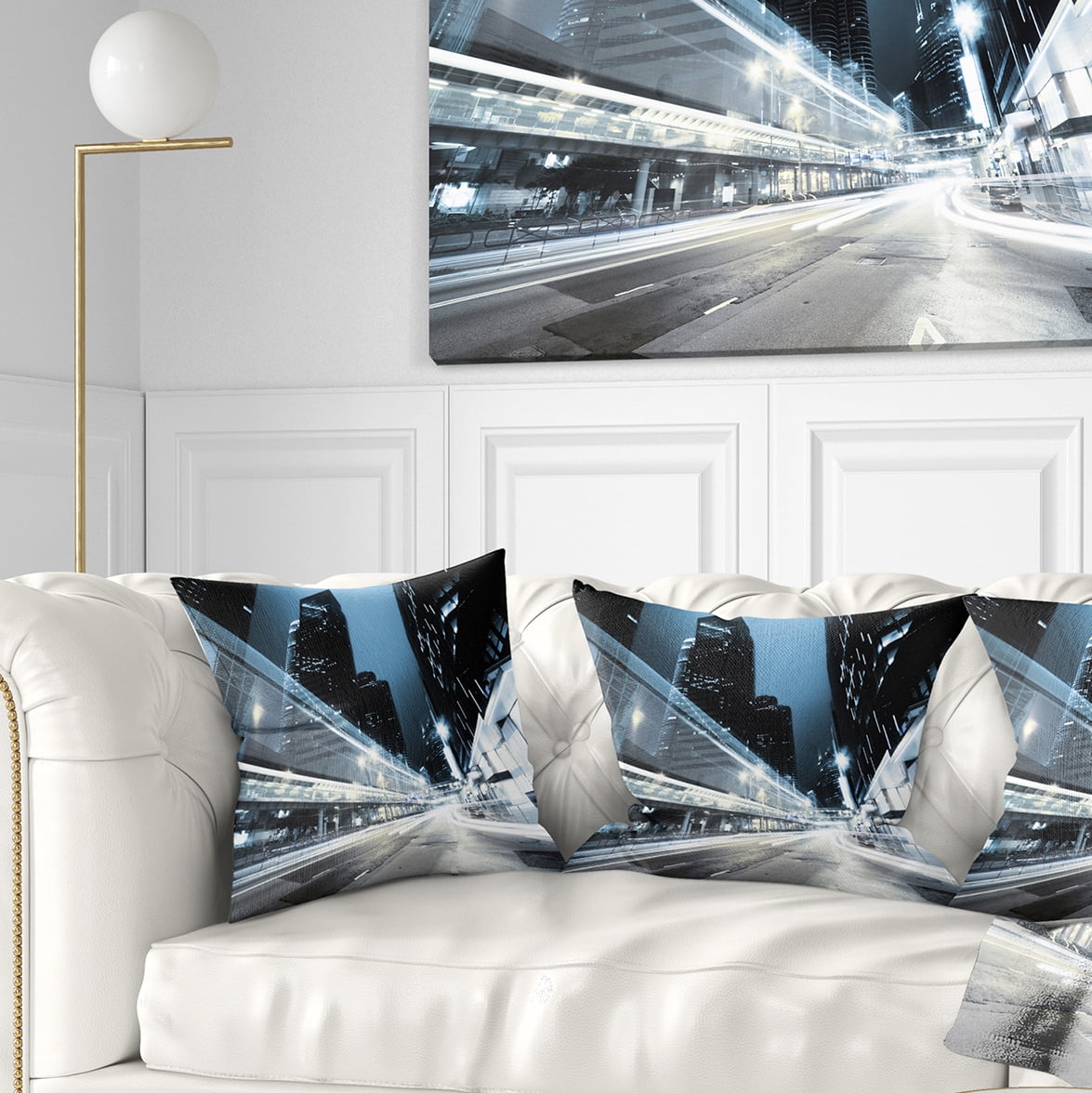 Designart Night Traffic in Hong Kong - Cityscape Throw Pillow - 18x18